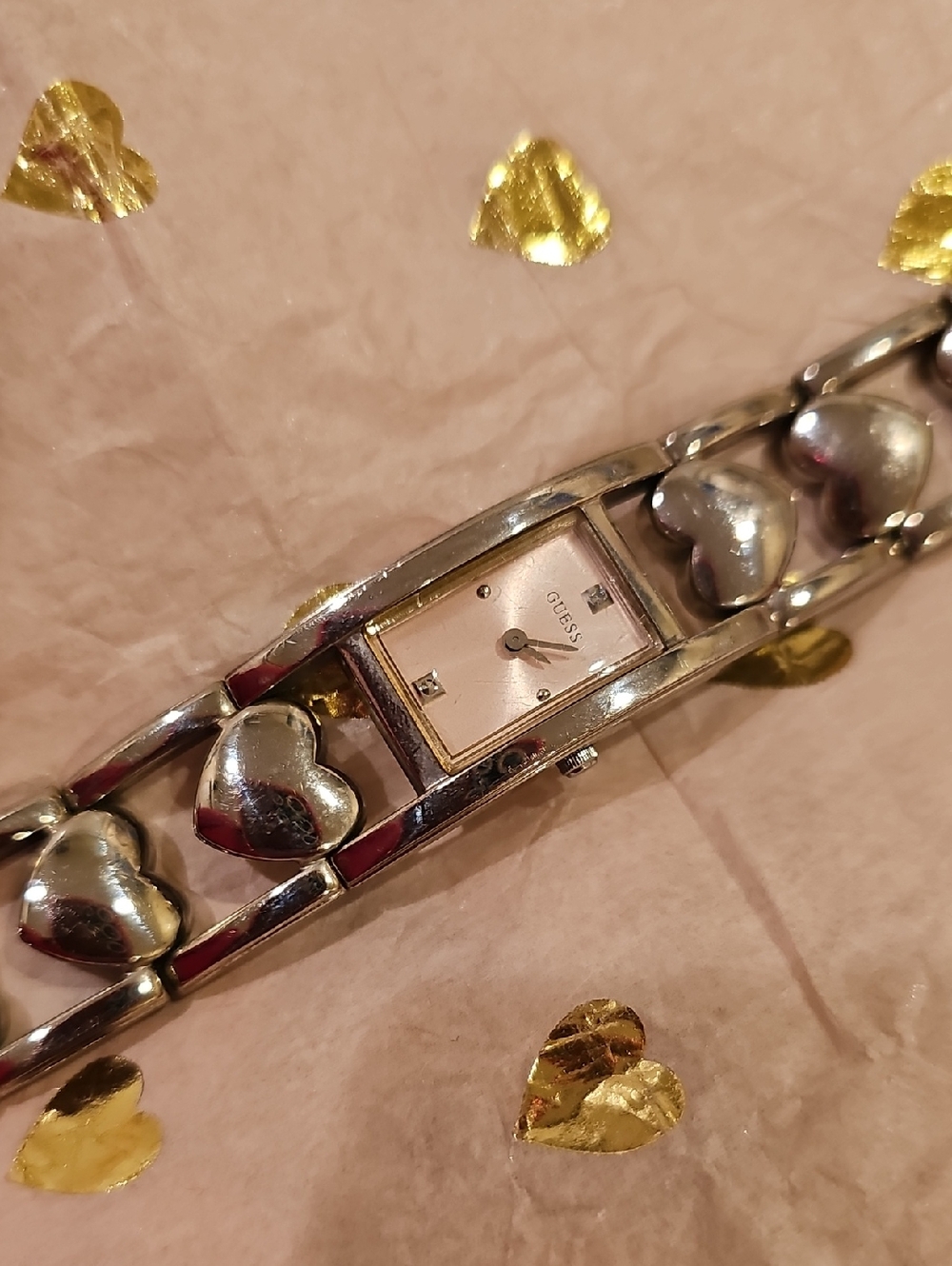 GUESS Silver Heart-Link Bracelet Watch with Pink Dial